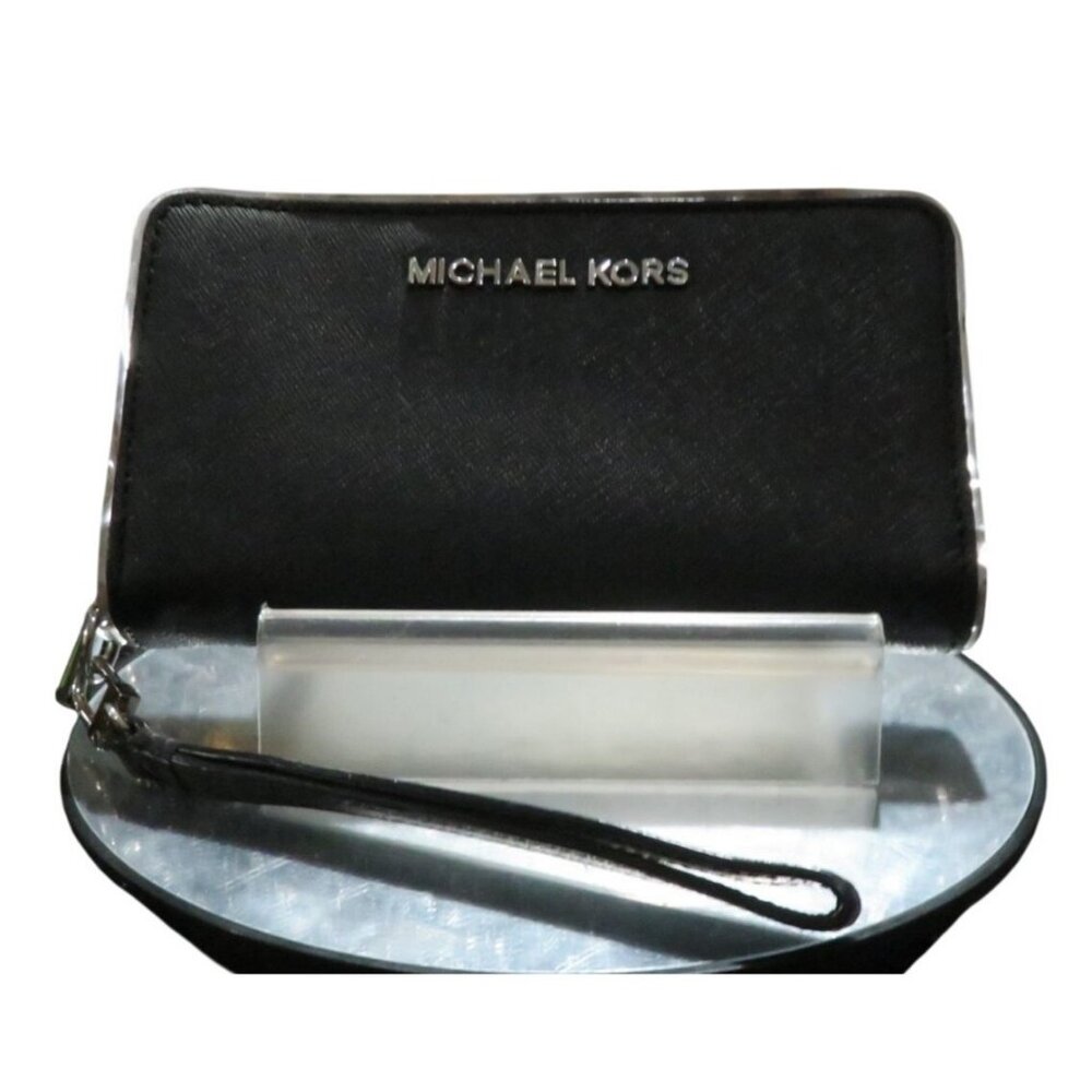 MICHAEL KORS Specchio Black Saffiano Leather Jet Set Travel Zip Wallet Wristlet